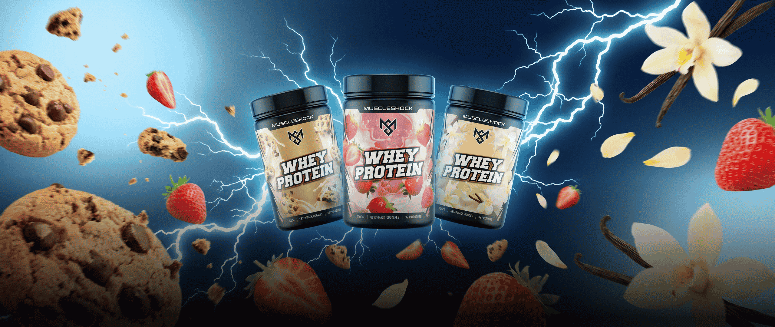 Muscleshock Whey Protein in den Sorten Cookies, Erdbeere und Vanille