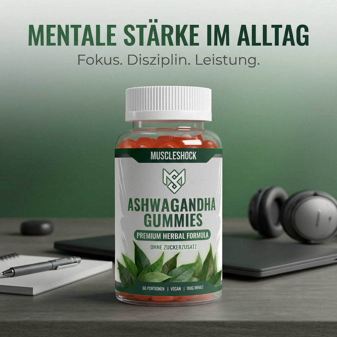 Vegane Ashwagandha Gummies für Stressabbau und mentale Balance mit Vitamin B6, zuckerfrei und praktisch für unterwegs.