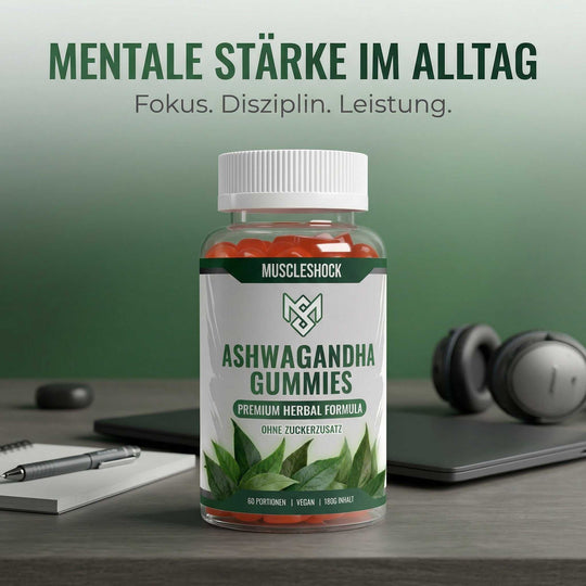Vegane Ashwagandha Gummies für Stressabbau und mentale Balance mit Vitamin B6, zuckerfrei und praktisch für unterwegs.