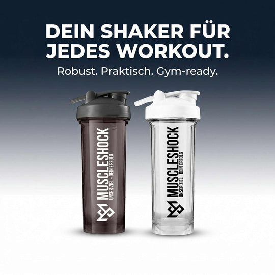 weiß-transparenter Protein Shaker mit auslaufsicherem Deckel, ideal für Training und Alltag