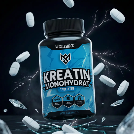 Muscleshock Kreatin Monohydrat Tabletten: blaue Dose, umgeben von weißen Tabletten.