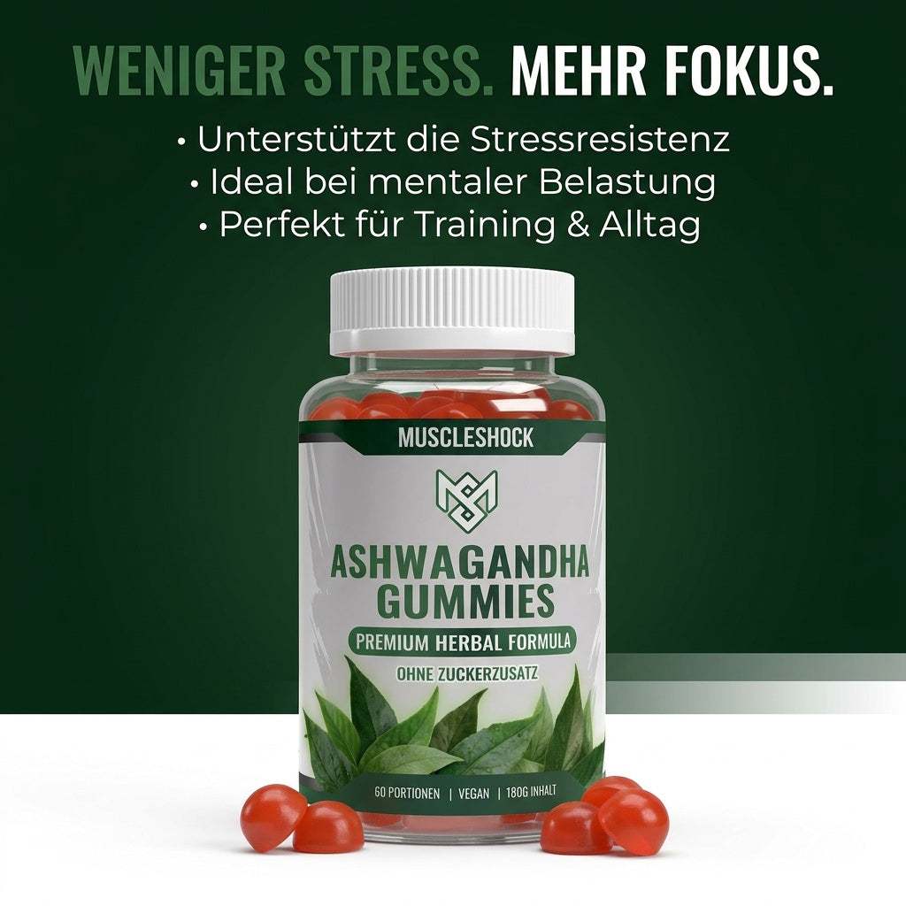 Vegane Ashwagandha Gummies zur Stressreduktion und mentalen Balance mit Vitamin B6, zuckerfrei und praktisch für unterwegs.