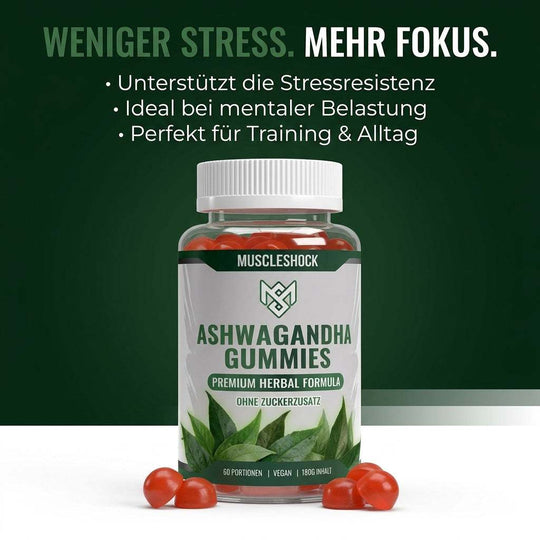 Vegane Ashwagandha Gummies zur Stressreduktion und mentalen Balance mit Vitamin B6, zuckerfrei und praktisch für unterwegs.