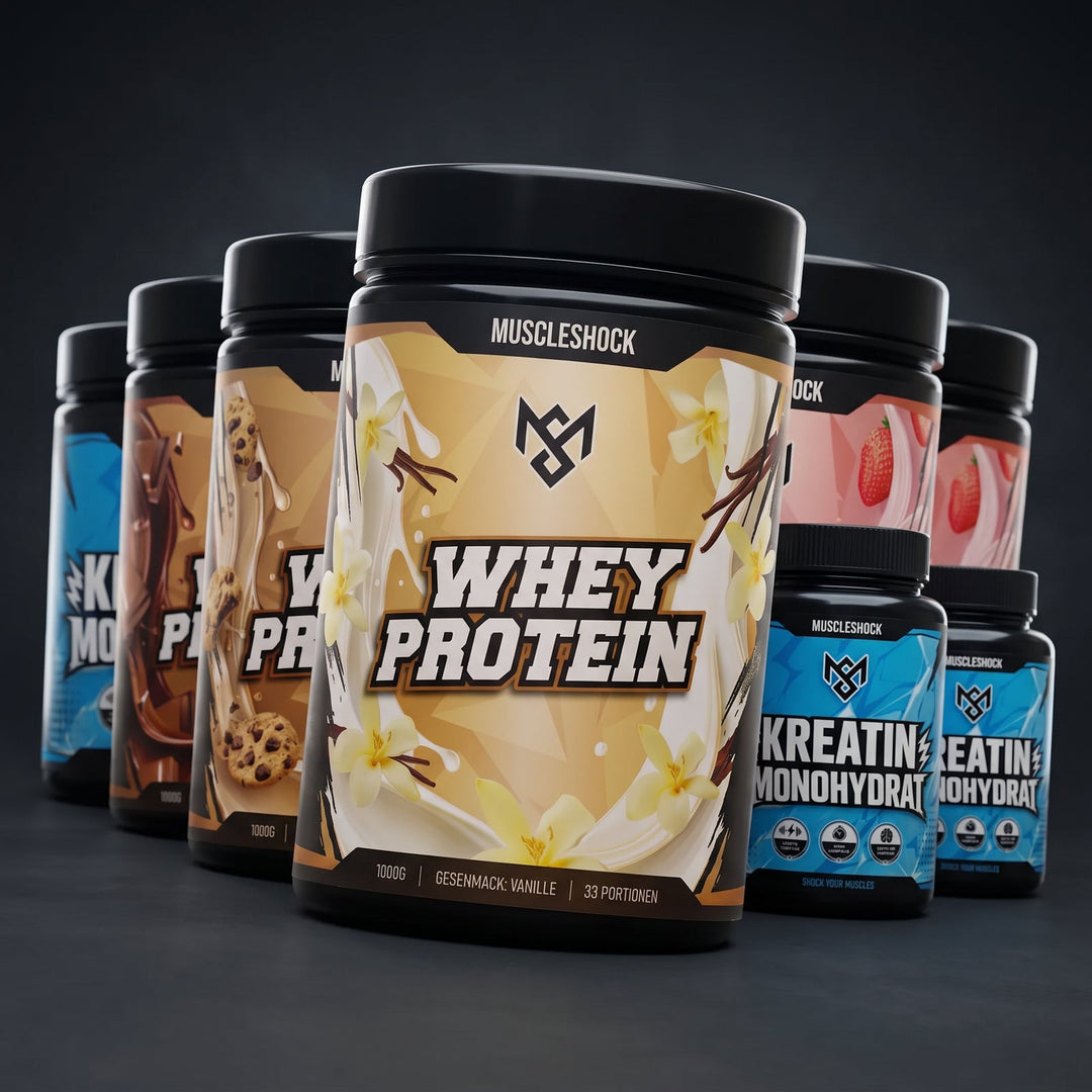 Muscleshock Power Duo – Whey Protein und Kreatin Monohydrat im Set, Fächer-Anordnung Variante A