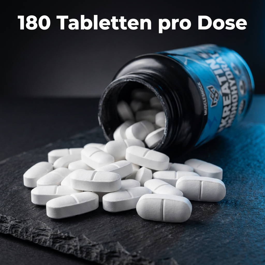 Muscleshock Kreatin Monohydrat Tabletten – 180 Tabletten pro Dose, aus der Dose geschüttet