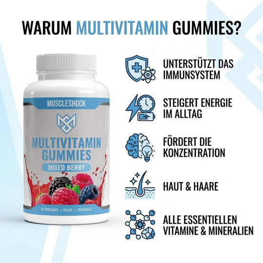 Vegane Multivitamin Gummies in Gummibärchenform mit 13 Vitaminen und 9 Mineralstoffen
