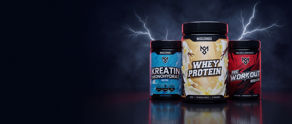 Muscleshock Black Week: Kreatin Monohydrat, Whey Protein Vanille und Pre-Workout Booster vor ruhigen Blitzen