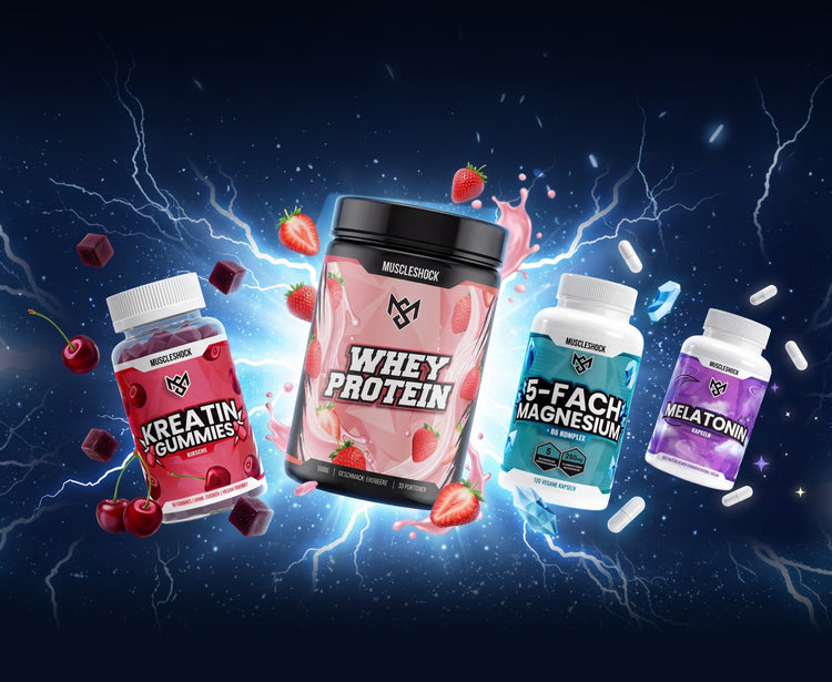Muscleshock Whey Protein Erdbeere, Kreatin Gummies Kirsche, 5-fach Magnesium und Melatonin zwischen Blitzen