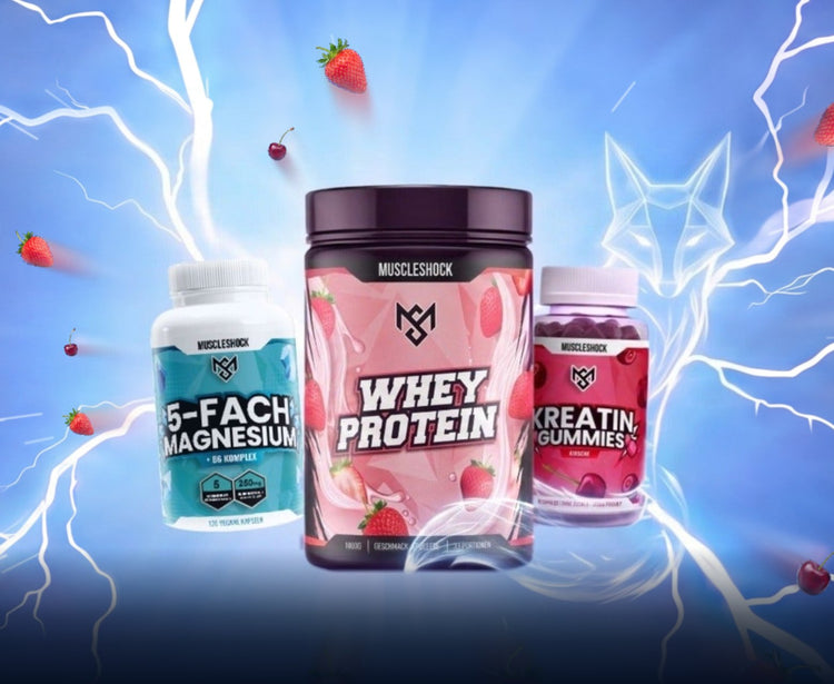 Muscleshock 5-fach Magnesium Komplex, Whey Protein Erdbeere und Kreatin Gummies Kirsche zwischen Blitzen und fliegenden Beeren