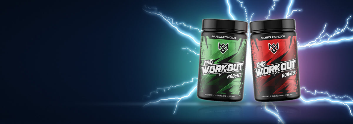 Muscleshock Shockwave Pre-Workout Booster Apfel und Himbeere vor leuchtenden Blitzen