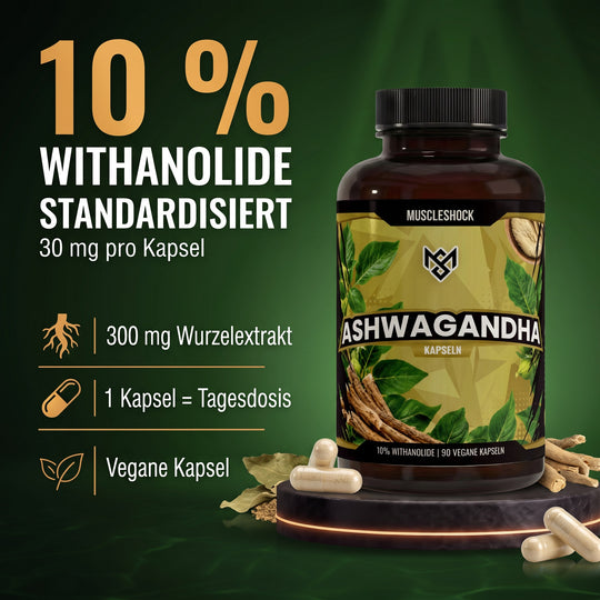 10 % Withanolide standardisiert – 30 mg pro Kapsel, 300 mg Wurzelextrakt, 1 Kapsel = Tagesdosis, vegane Kapsel