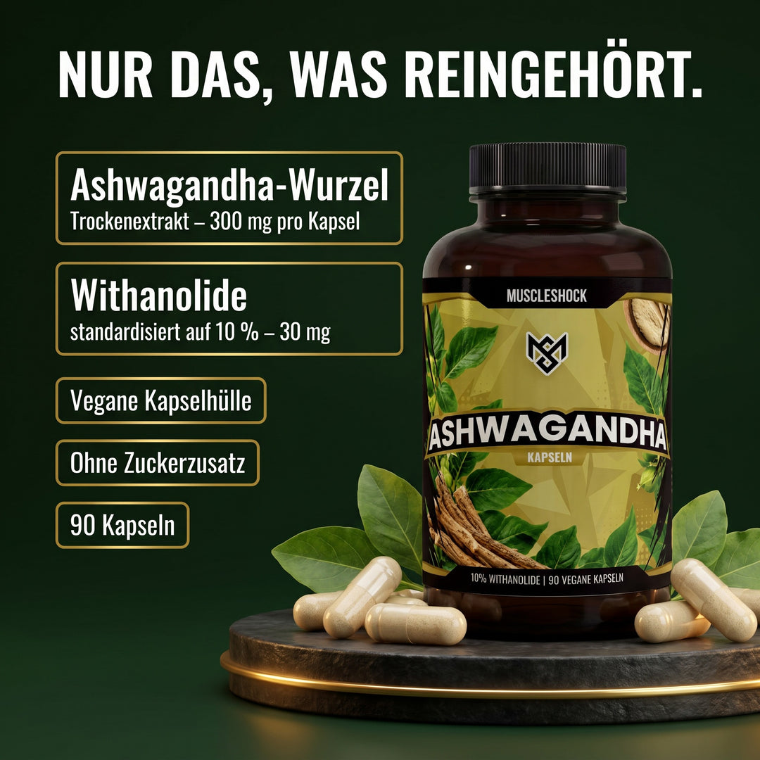 Nur das, was reingehört: Ashwagandha-Wurzel-Trockenextrakt 300 mg pro Kapsel, standardisiert auf 10 % Withanolide, vegane Kapselhülle, ohne Zuckerzusatz, 90 Kapseln