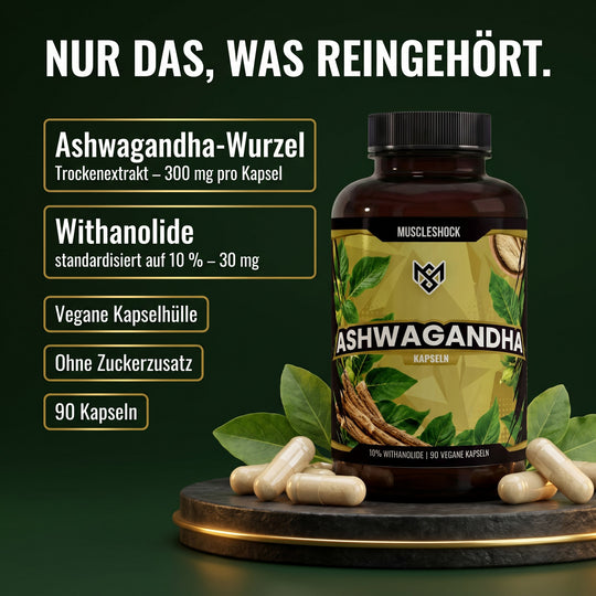 Nur das, was reingehört: Ashwagandha-Wurzel-Trockenextrakt 300 mg pro Kapsel, standardisiert auf 10 % Withanolide, vegane Kapselhülle, ohne Zuckerzusatz, 90 Kapseln