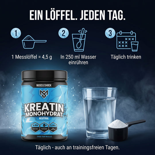 Kreatin Monohydrat Pulver – täglich 1 Messlöffel (4,5 g) in 250 ml Wasser einrühren, auch an trainingsfreien Tagen