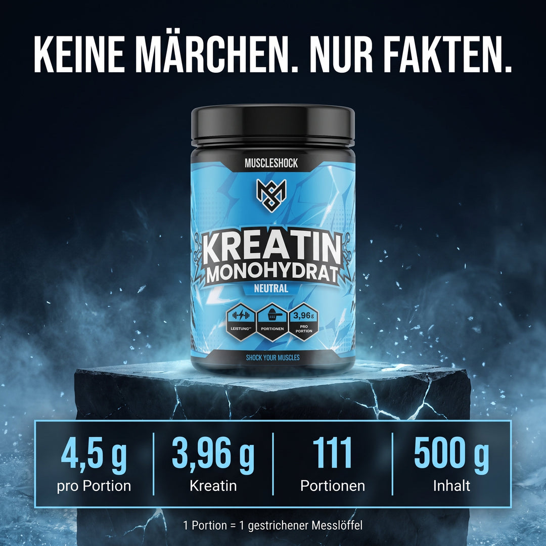 Kreatin Monohydrat Pulver – Fakten: 4,5 g pro Portion, 3,96 g Kreatin, 111 Portionen, 500 g Inhalt