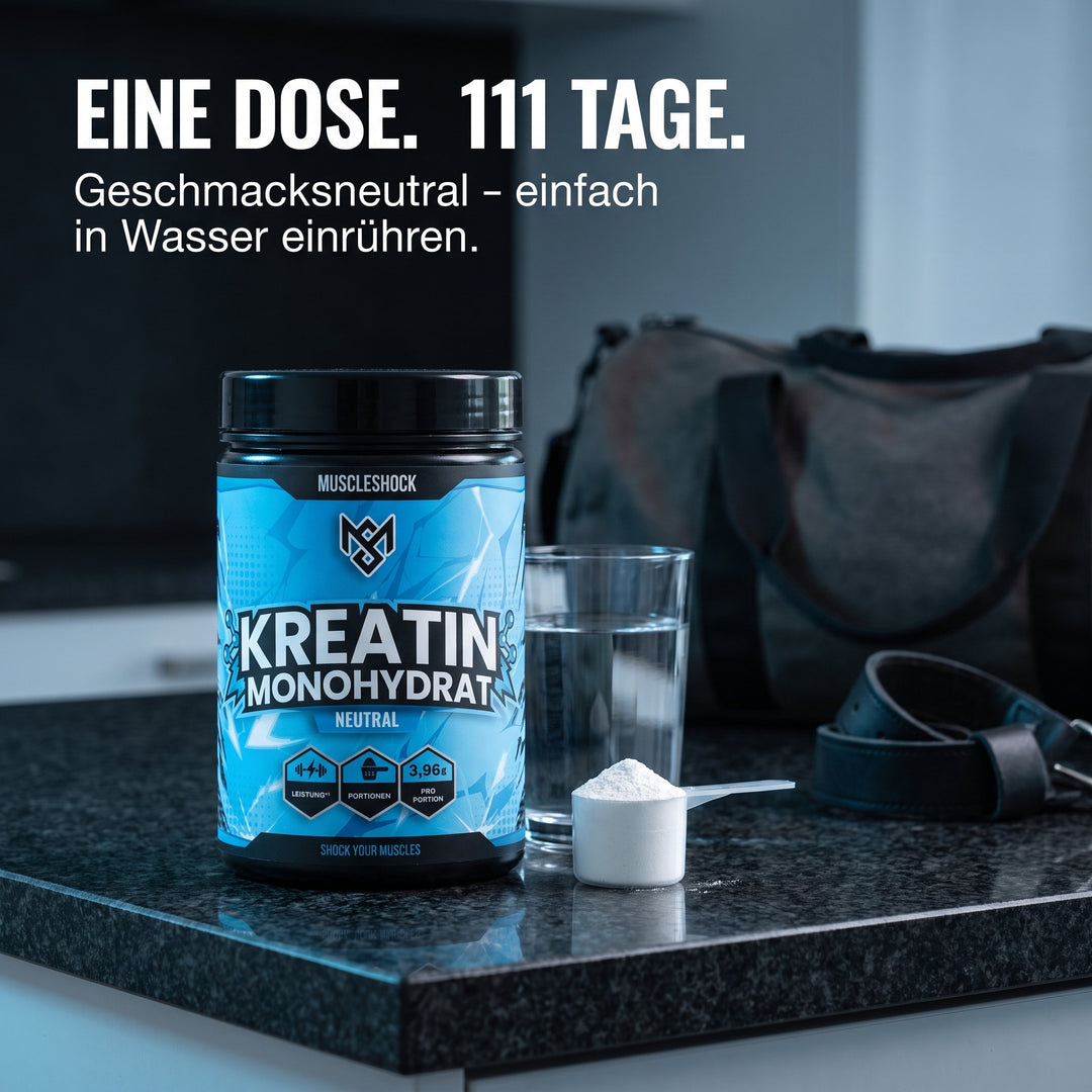 Muscleshock Kreatin Monohydrat Pulver in der Küche – eine Dose für 111 Tage, geschmacksneutral