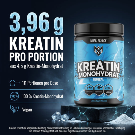 Muscleshock Kreatin Monohydrat Pulver geschmacksneutral – 3,96 g Kreatin pro Portion aus 4,5 g Kreatin-Monohydrat, 111 Portionen pro Dose, vegan