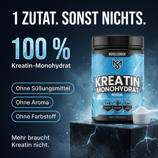 Kreatin Monohydrat Pulver – 1 Zutat: 100 % Kreatin-Monohydrat, ohne Süßungsmittel, ohne Aroma, ohne Farbstoff