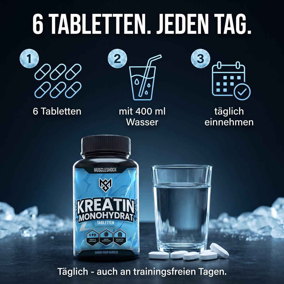 Kreatin Monohydrat Tabletten – täglich 6 Tabletten mit 400 ml Wasser einnehmen