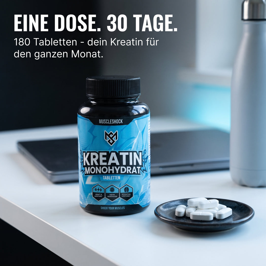 Muscleshock Kreatin Monohydrat Tabletten am Schreibtisch – 180 Tabletten für 30 Tage