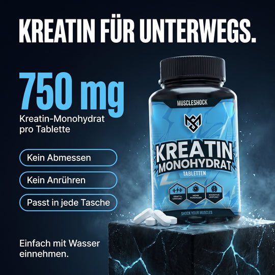 Kreatin Monohydrat Tabletten für unterwegs – 750 mg Kreatin-Monohydrat pro Tablette, kein Abmessen, kein Anrühren