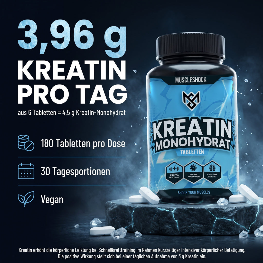 Muscleshock Kreatin Monohydrat Tabletten – 3,96 g Kreatin pro Tag aus 6 Tabletten (4,5 g Kreatin-Monohydrat), 180 Tabletten pro Dose, vegan
