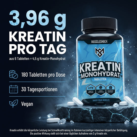 Muscleshock Kreatin Monohydrat Tabletten – 3,96 g Kreatin pro Tag aus 6 Tabletten (4,5 g Kreatin-Monohydrat), 180 Tabletten pro Dose, vegan