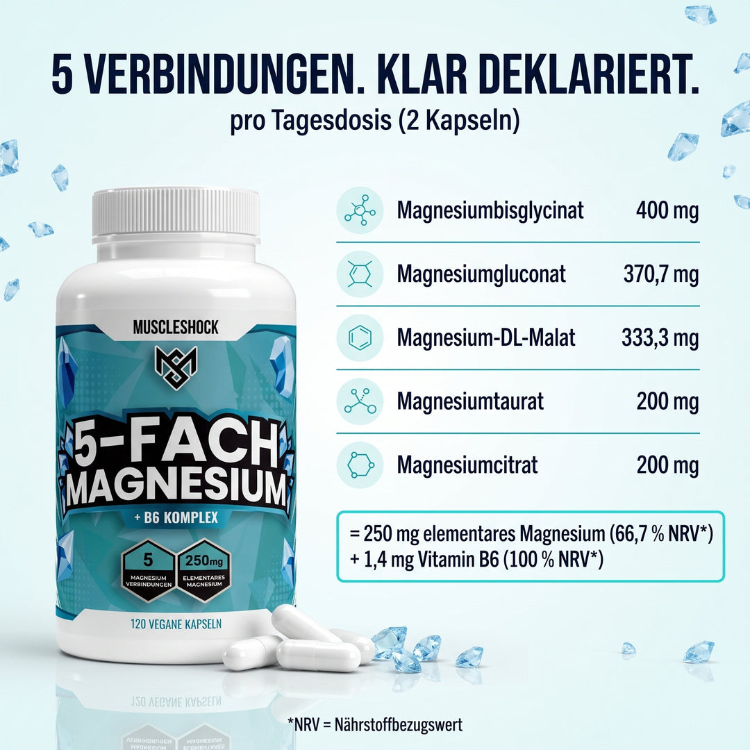5-fach Magnesium Komplex + B6 – 5 Magnesium-Verbindungen pro Tagesdosis (2 Kapseln): 250 mg elementares Magnesium und 1,4 mg Vitamin B6