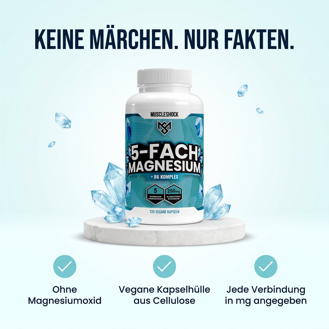 5-fach Magnesium Komplex + B6 – ohne Magnesiumoxid, vegane Kapselhülle aus Cellulose, jede Verbindung in mg angegeben