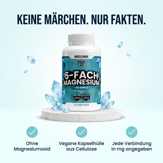 5-fach Magnesium Komplex + B6 – ohne Magnesiumoxid, vegane Kapselhülle aus Cellulose, jede Verbindung in mg angegeben