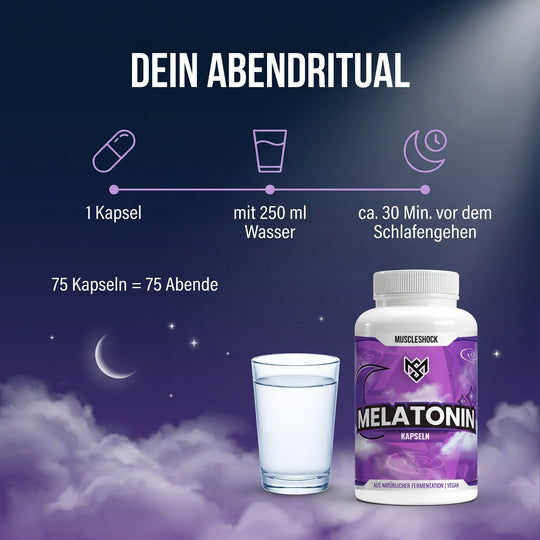 Melatonin Kapseln – 1 Kapsel mit 250 ml Wasser ca. 30 Minuten vor dem Schlafengehen, 75 Kapseln = 75 Abende
