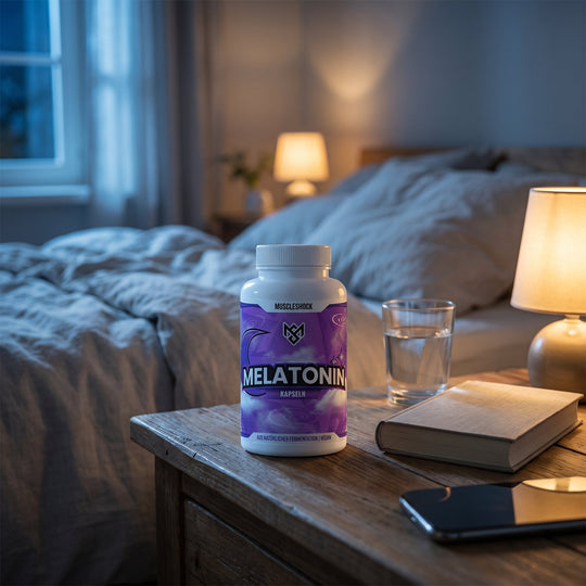 Muscleshock Melatonin Kapseln auf dem Nachttisch
