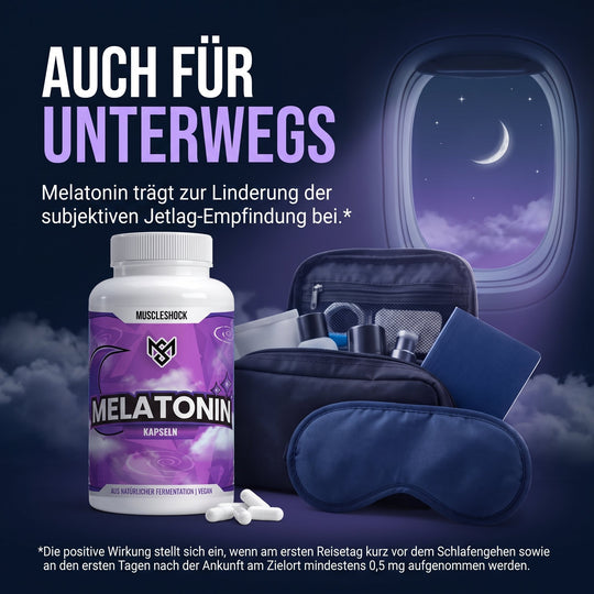 Muscleshock Melatonin Kapseln für unterwegs – Reiseset mit Schlafmaske