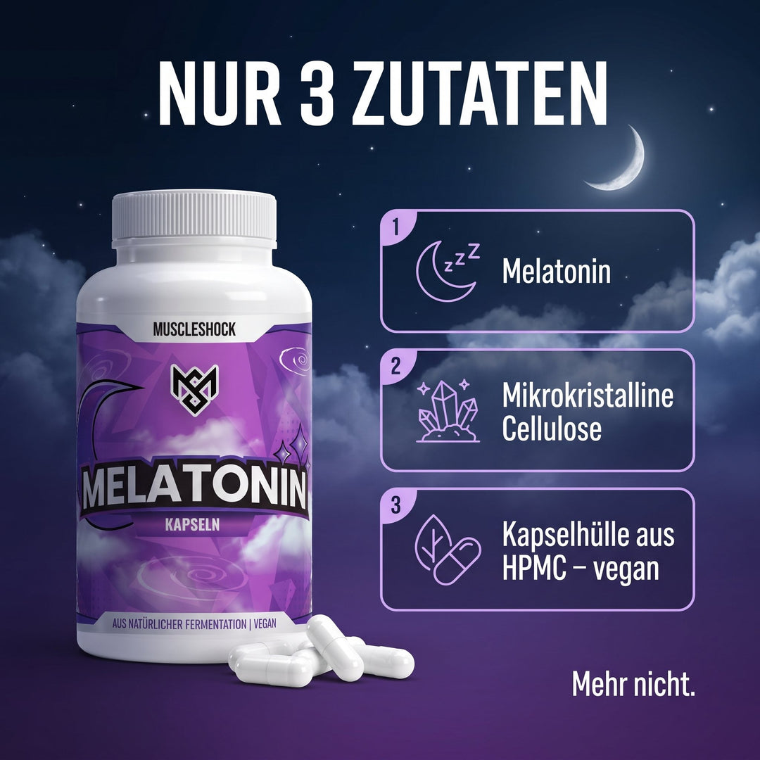 Melatonin Kapseln – nur 3 Zutaten: Melatonin, mikrokristalline Cellulose, Kapselhülle aus HPMC