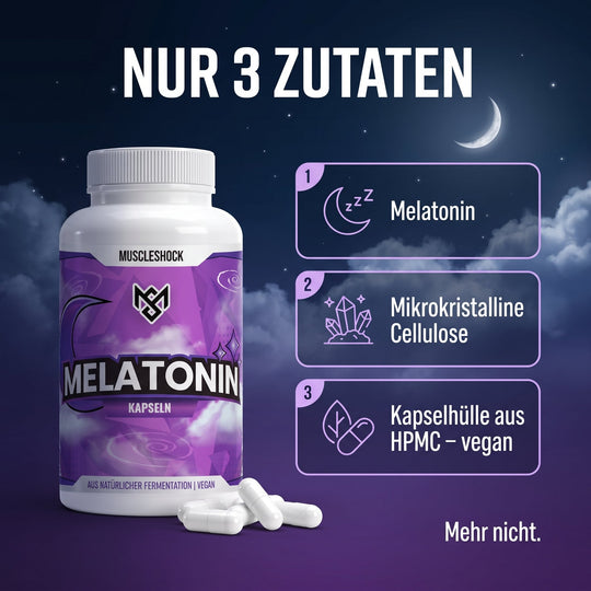 Melatonin Kapseln – nur 3 Zutaten: Melatonin, mikrokristalline Cellulose, Kapselhülle aus HPMC