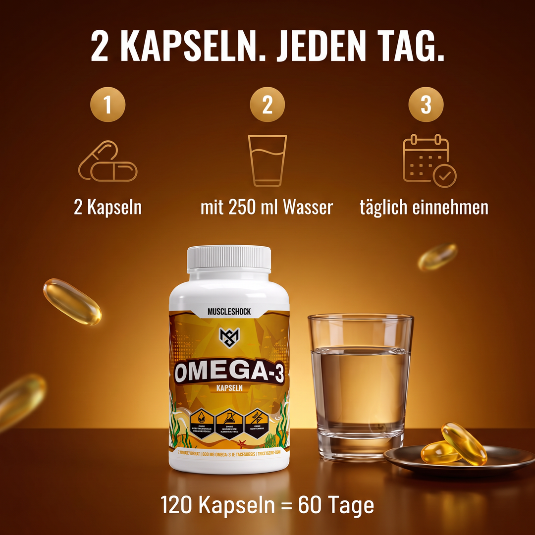Omega 3 Kapseln – täglich 2 Kapseln mit 250 ml Wasser einnehmen, 120 Kapseln reichen 60 Tage