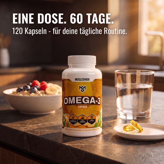 Muscleshock Omega 3 Kapseln in der Küche – eine Dose für 60 Tage