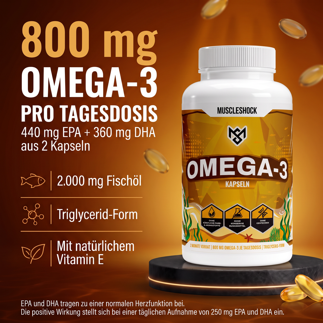 Muscleshock Omega 3 Kapseln – 800 mg Omega-3 pro Tagesdosis: 440 mg EPA + 360 mg DHA aus 2 Kapseln, 2.000 mg Fischöl in Triglycerid-Form, mit natürlichem Vitamin E