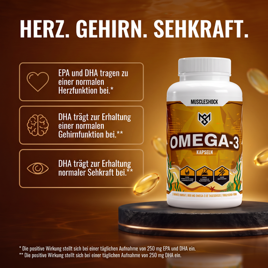 Omega 3 Kapseln – EPA und DHA tragen zu einer normalen Herzfunktion bei. DHA trägt zur Erhaltung einer normalen Gehirnfunktion bei. DHA trägt zur Erhaltung normaler Sehkraft bei. Die positive Wirkung stellt sich bei einer täglichen Aufnahme von 250 mg EPA und DHA (Herz) bzw. 250 mg DHA (Gehirn, Sehkraft) ein.
