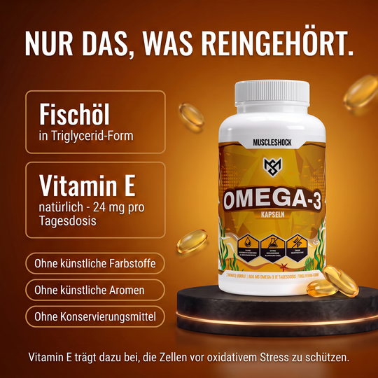 Omega 3 Kapseln – Fischöl in Triglycerid-Form und natürliches Vitamin E (24 mg pro Tagesdosis), ohne künstliche Farbstoffe, Aromen und Konservierungsmittel