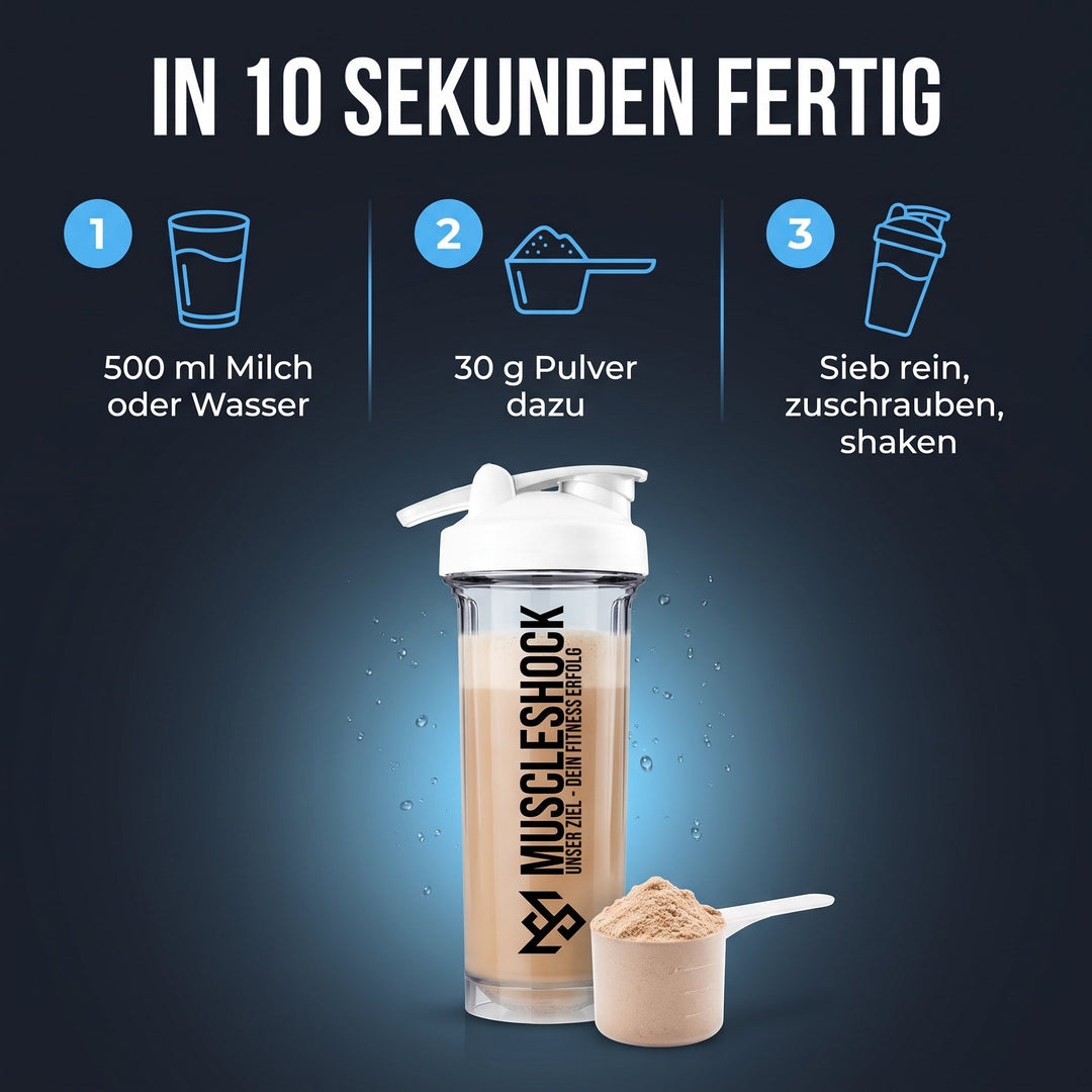 Shaker Crystal Clear – in 10 Sekunden fertig: 500 ml Milch oder Wasser, 30 g Pulver dazu, Sieb rein, zuschrauben, shaken