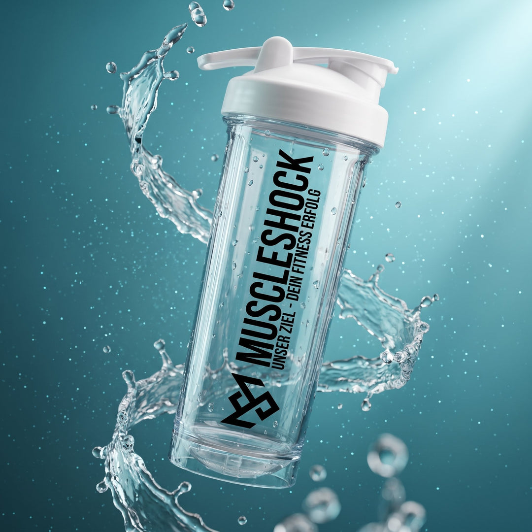 Muscleshock NXTGN Protein Shaker Crystal Clear: transparenter Becher mit weißem Deckel und Aufdruck „Unser Ziel – Dein Fitness Erfolg“, umgeben von einem Wasserwirbel.