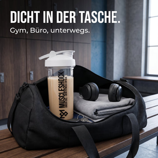 Muscleshock Shaker Crystal Clear – dicht in der Tasche für Gym, Büro und unterwegs