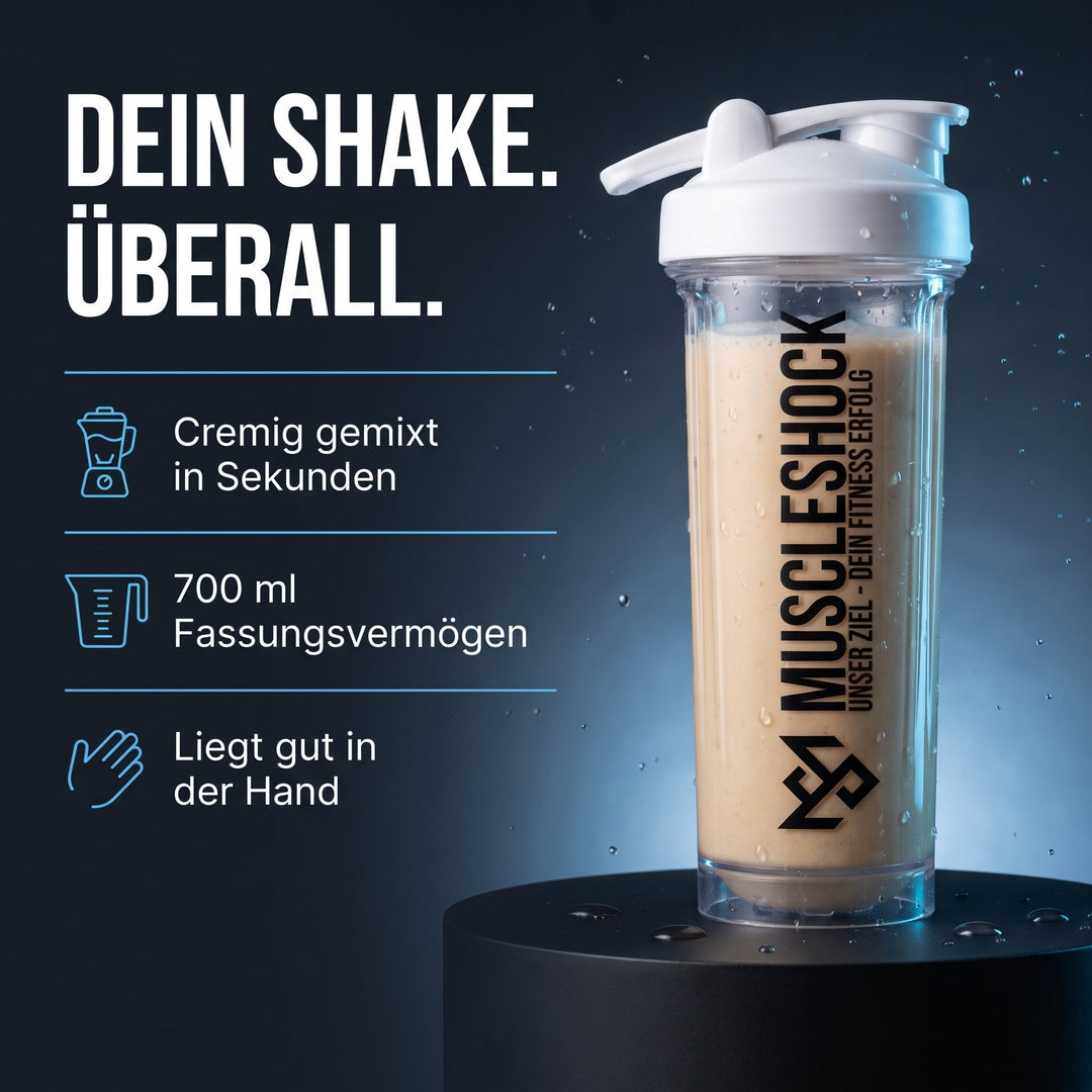 Muscleshock NXTGN Protein Shaker Crystal Clear – 700 ml, cremig gemixt in Sekunden, liegt gut in der Hand