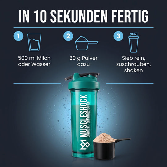 Shaker Forest Green – in 10 Sekunden fertig: 500 ml Milch oder Wasser, 30 g Pulver dazu, Sieb rein, zuschrauben, shaken