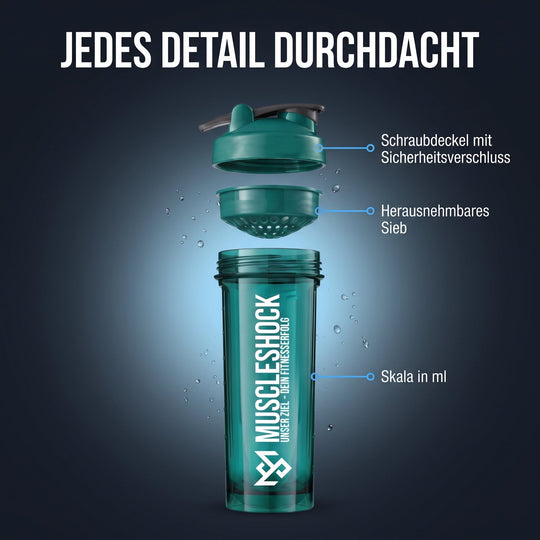 Shaker Forest Green – Schraubdeckel mit Sicherheitsverschluss, herausnehmbares Sieb, Skala in ml