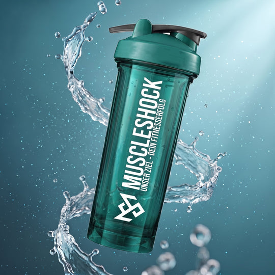 Muscleshock NXTGN Protein Shaker Forest Green: durchscheinender grüner Becher mit grünem Deckel, dunklem Klappverschluss und Aufdruck „Unser Ziel – Dein Fitnesserfolg“, umgeben von einem Wasserwirbel.
