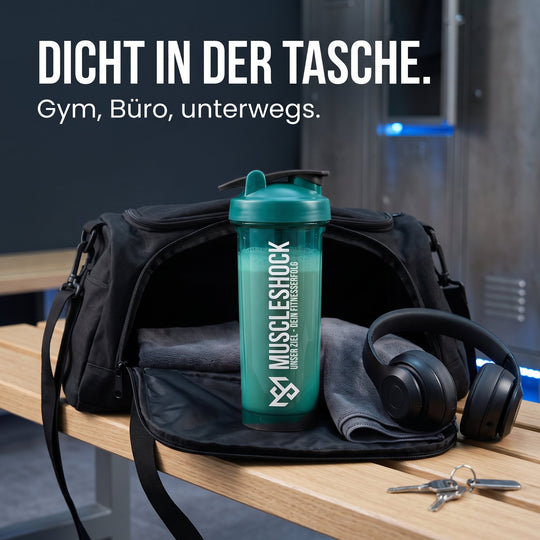Muscleshock Shaker Forest Green – dicht in der Tasche für Gym, Büro und unterwegs