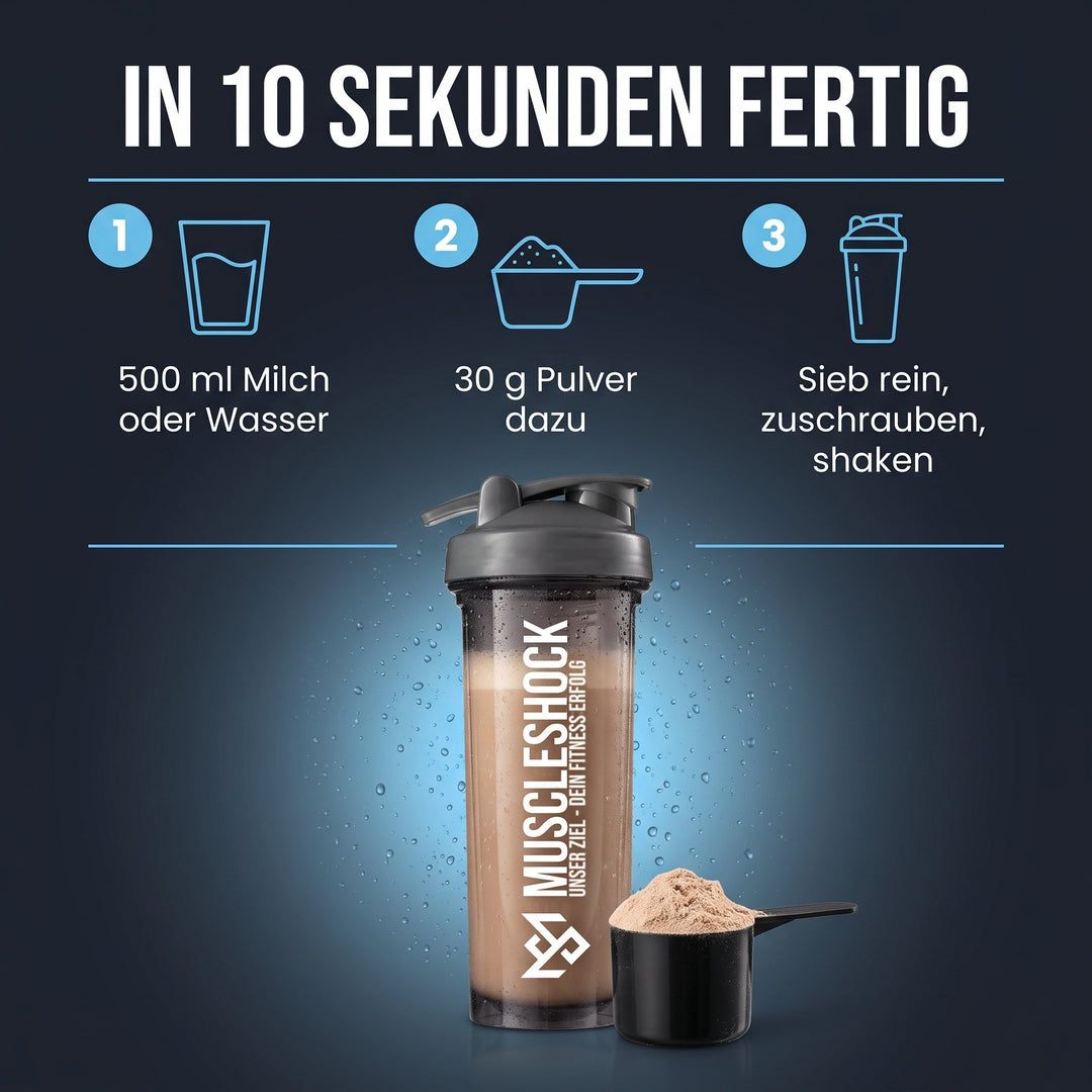 Shaker Midnight Black – in 10 Sekunden fertig: 500 ml Milch oder Wasser, 30 g Pulver dazu, Sieb rein, zuschrauben, shaken