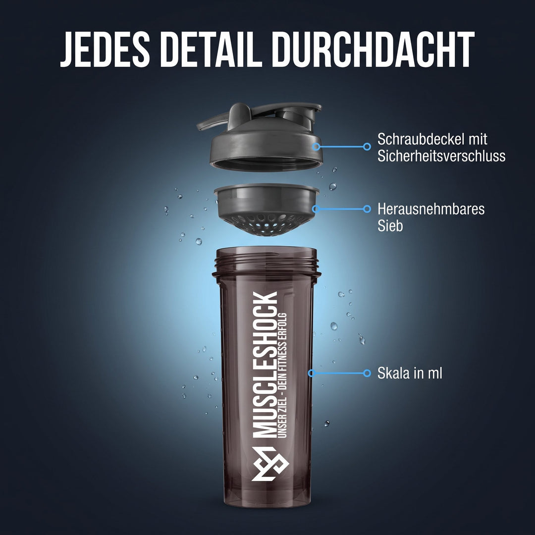 Shaker Midnight Black – Schraubdeckel mit Sicherheitsverschluss, herausnehmbares Sieb, Skala in ml